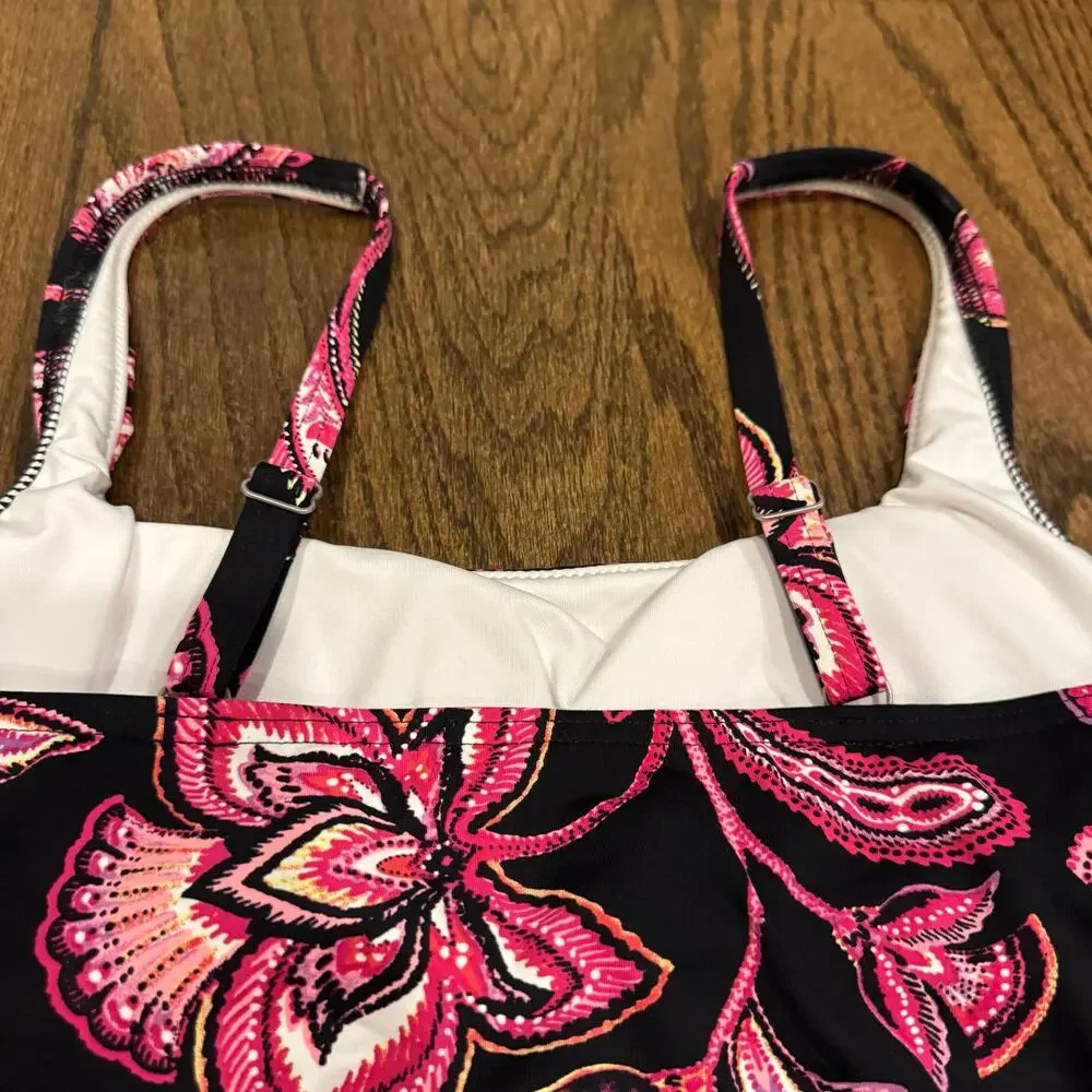 Lands End Womens Pink Black Paisley Underwire Tankini Swim Suit Top Size 8